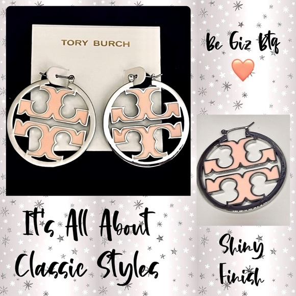 🆕 Tory Burch Authentic Silver And Pink Miller Enamel Inlay Hoop Earrings - Picture 3 of 13